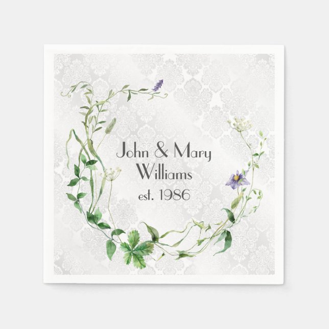 Anniversary Wildflower Wreath On Damask Napkin (Front)