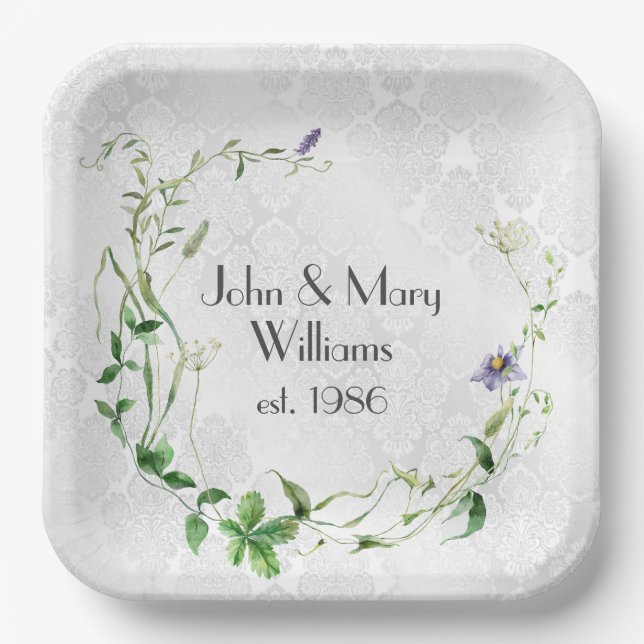 Anniversary Wildflower Wreath On Damask Paper Plate (Front)