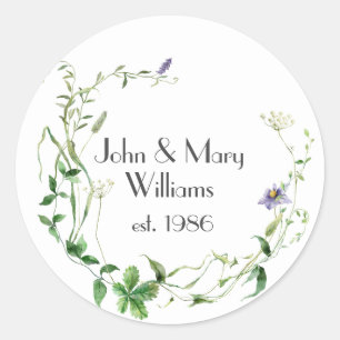 Anniversary Wildflower Wreath On White  Classic Round Sticker