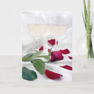 Anniversary Wine and Rose on Satin Holiday Card