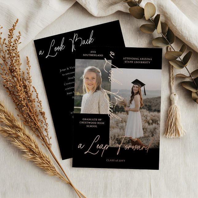 Annonce de faire-part de collage de photos de remi (Graduation Then & Now Photo Collage Black Announcement)