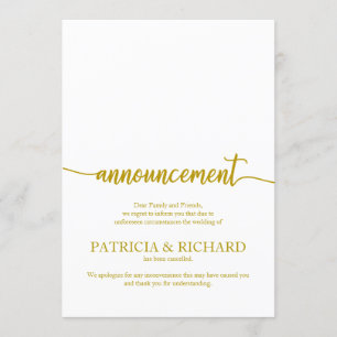 Announcement Cancelled Wedding Elegant Gold Script