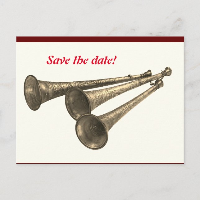 Announcement invitation party celebration trumpets postcard (Front)