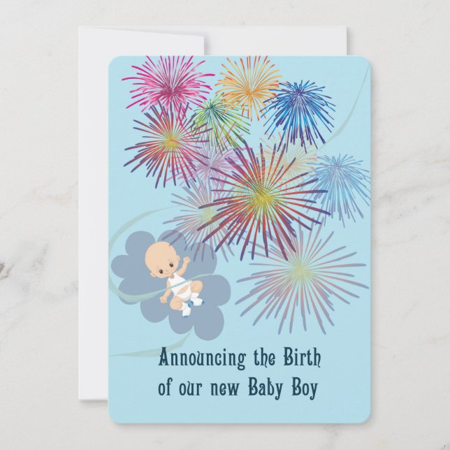 Announcement of New Baby Boy with Fireworks (Front)