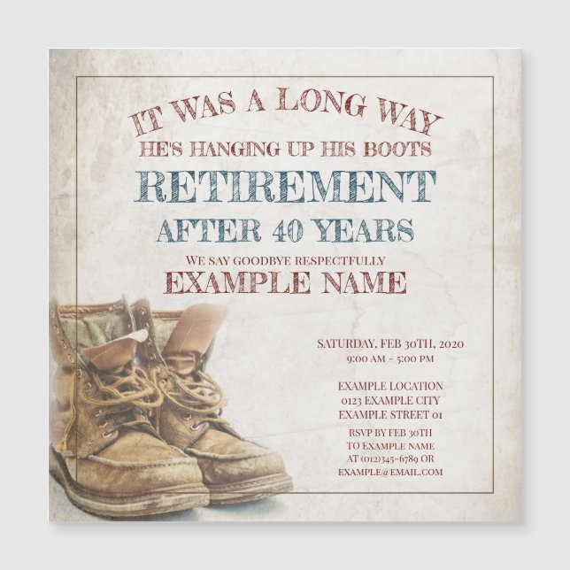 Announcement of retirement with old boots (Front)