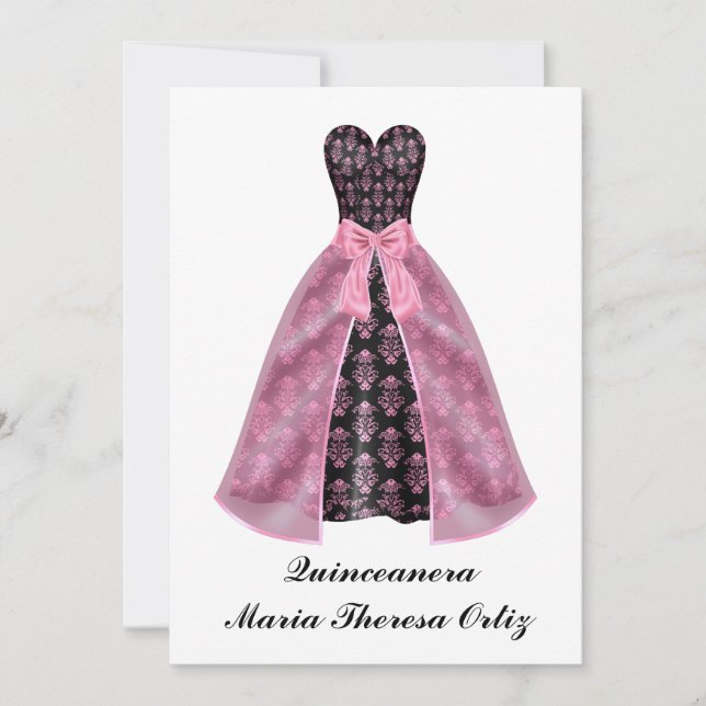 Announcement Quinceanera Black Damask (Front)