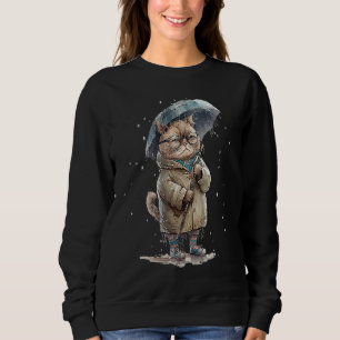 Annoyed cat sad cat with umbrella in the rain grap sweatshirt