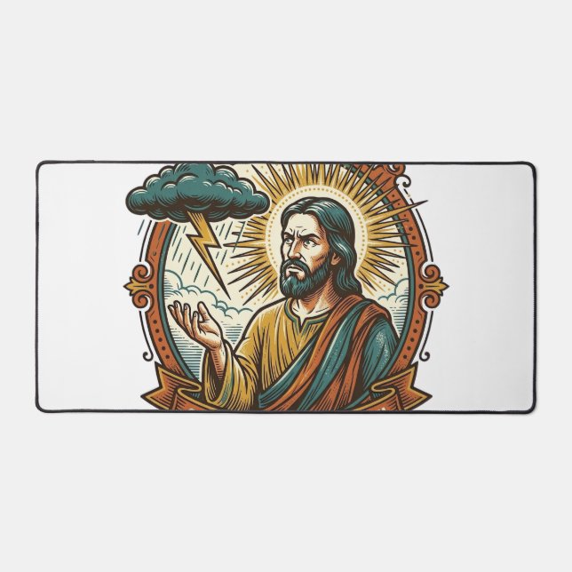 Annoyed Jesus Dark Rain Cloud Lightning Weather Hu Desk Mat (Front)