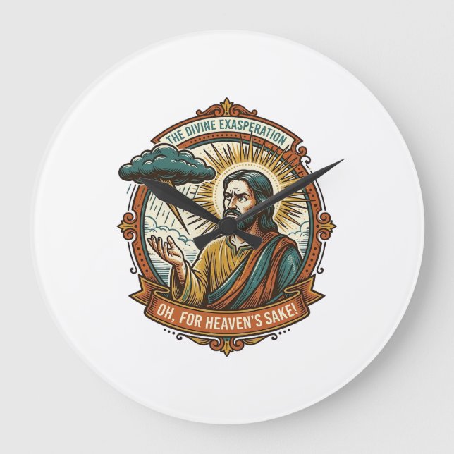 Annoyed Jesus Dark Rain Cloud Lightning Weather Hu Large Clock (Front)