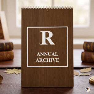 Annual Archive Monogram Typography Brown Wood Calendar