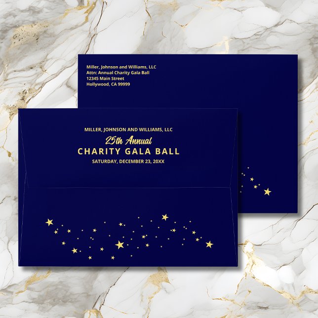 Annual Charity Gala Ball Event Elegant Blue Gold Envelope (Annual Charity Gala Ball Even Elegant Envelope in Navy Blue and Gold with Gold Stars.)