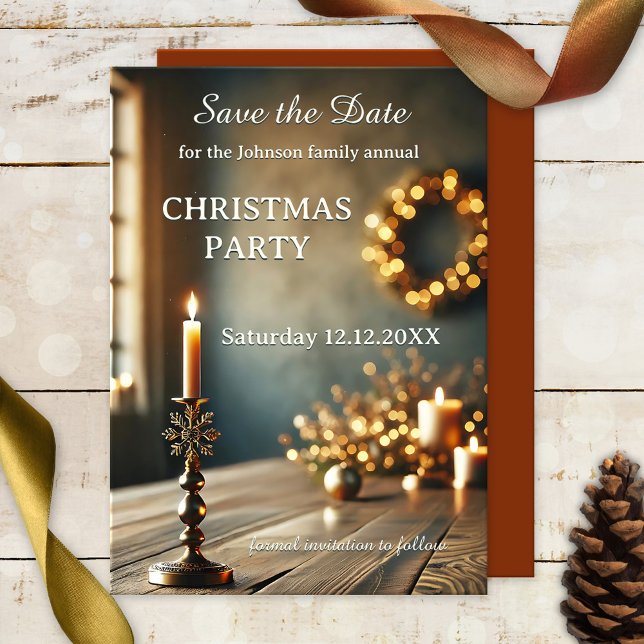 Annual Christmas Party Save the Date Card (Christmas Holiday party Save the Date card featuring a rustic table with candles and sparkling light)
