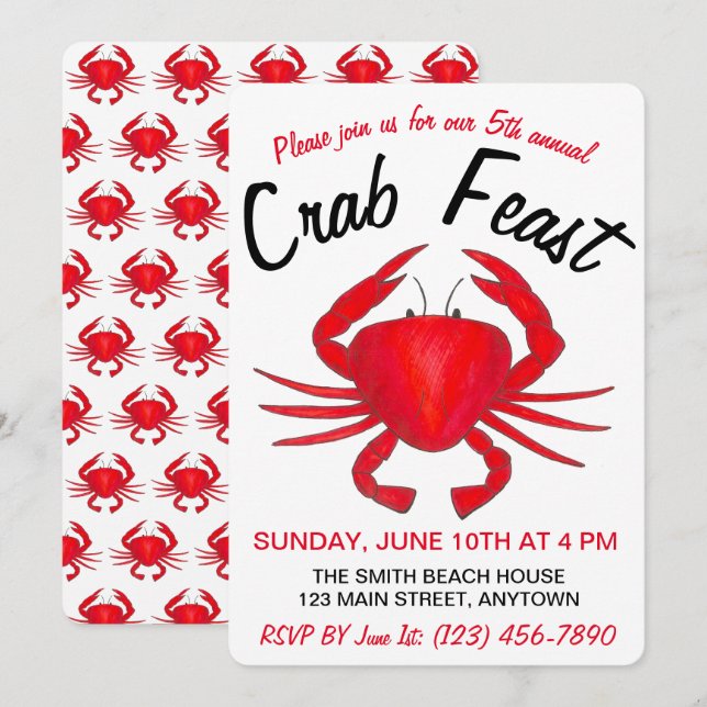 Annual Crab Feast Red Maryland Hard Shell Seafood Invitation (Front/Back)