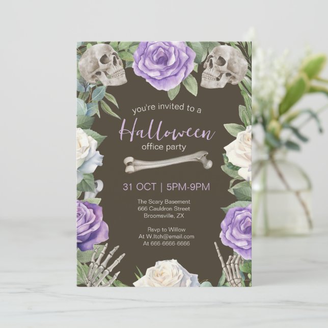 Annual Halloween Office Party Roses and skulls Invitation (Standing Front)