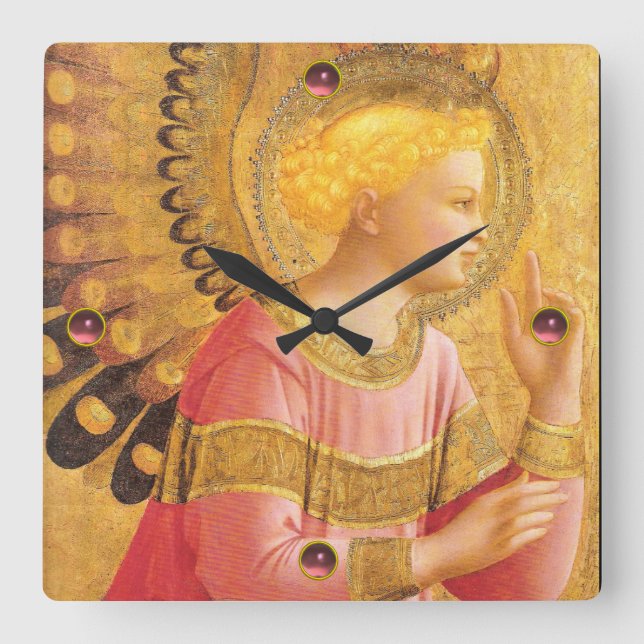 ANNUNCIATION ANGEL IN GOLD AND PINK SQUARE WALL CLOCK (Front)