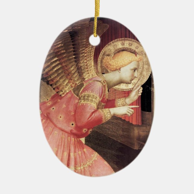 ANNUNCIATION ANGEL IN PINK AND GOLD Gem stone Ceramic Ornament (Front)