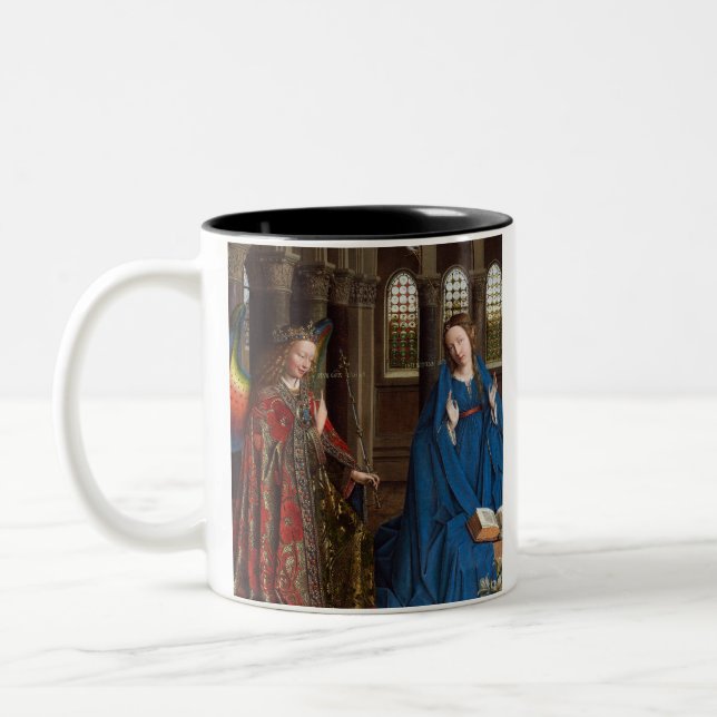 Annunciation by Jan van Eyck Two-Tone Coffee Mug (Left)