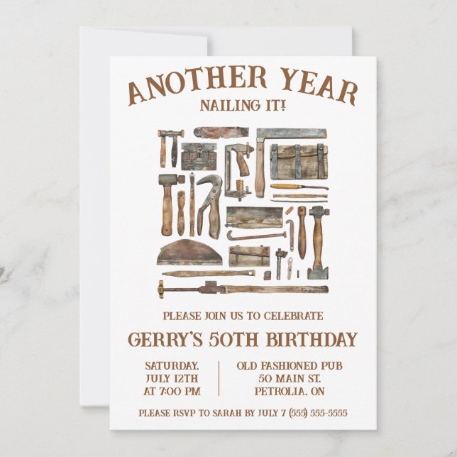 Another Year Nailing It!  Woodworking Birthday Invitation (Front)