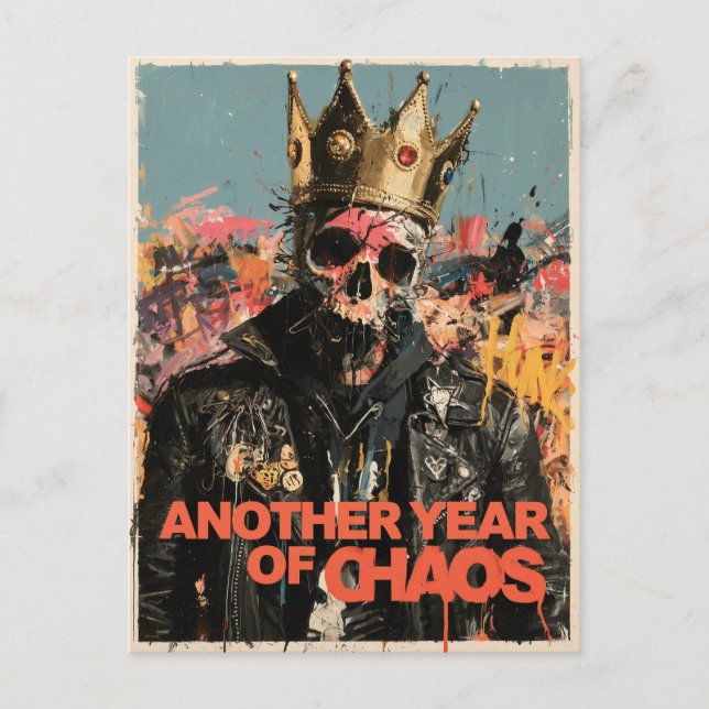 "Another Year of Chaos" Punk Skull King Design Postcard (Front)