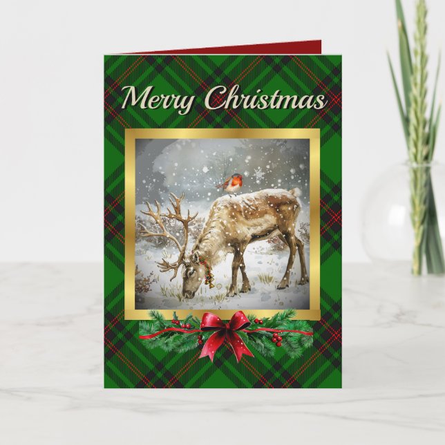 Anstruther Stag & Robin Tartan Personalized  Holiday Card (Front)