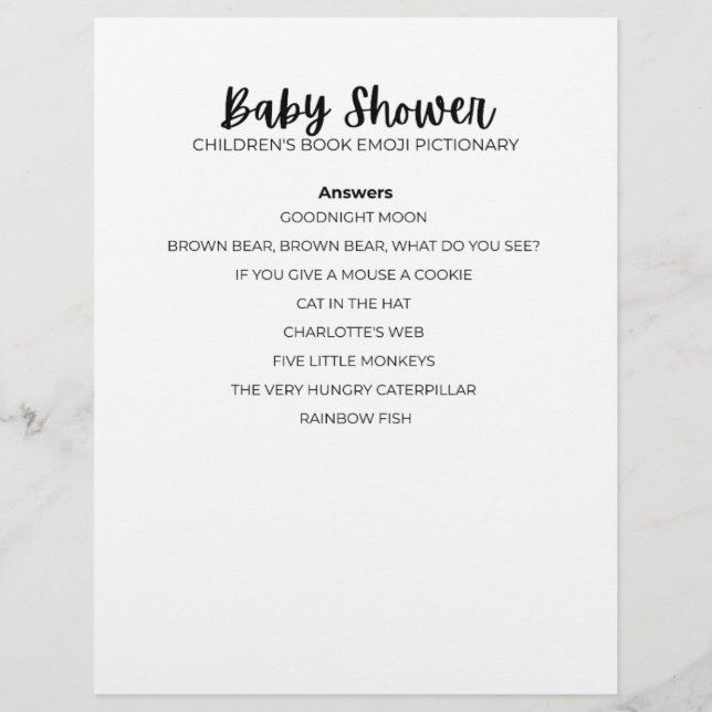 Answer Sheet Baby Shower Emoji Game Answer Sheet (Front)