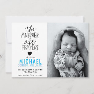 Answer to Our Prayers Photo Blue Boy Birth Announcement