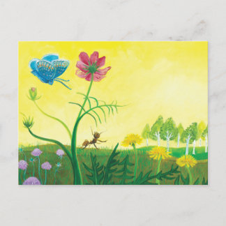 Ant and butterfly on wildflower meadow holiday postcard