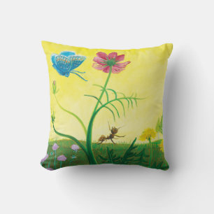 Ant and butterfly on wildflower meadow throw pillow