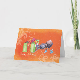 Ant pushing Christmas Present Holiday Card