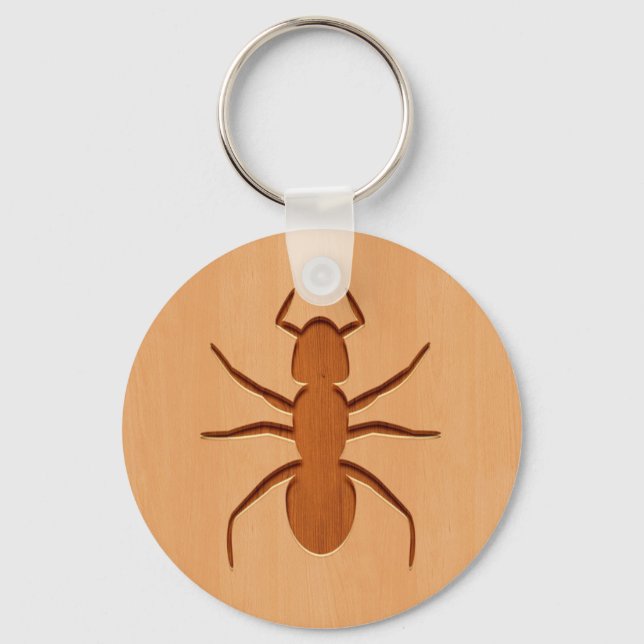 Ant silhouette engraved on wood design keychain (Front)