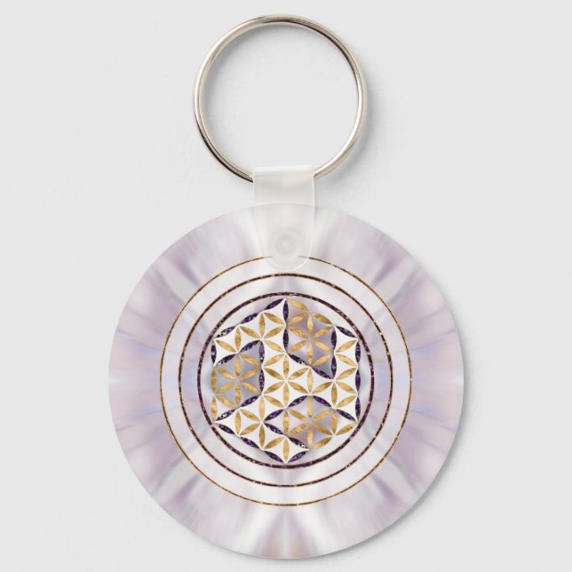 Antahkarana in Flower of Life - Pearl and Amethyst Keychain (Front)