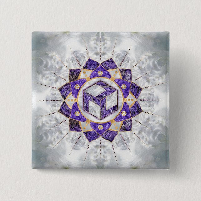 Antahkarana in Lotus Mandala- Amethyst and Pearl 2 Inch Square Button (Front)