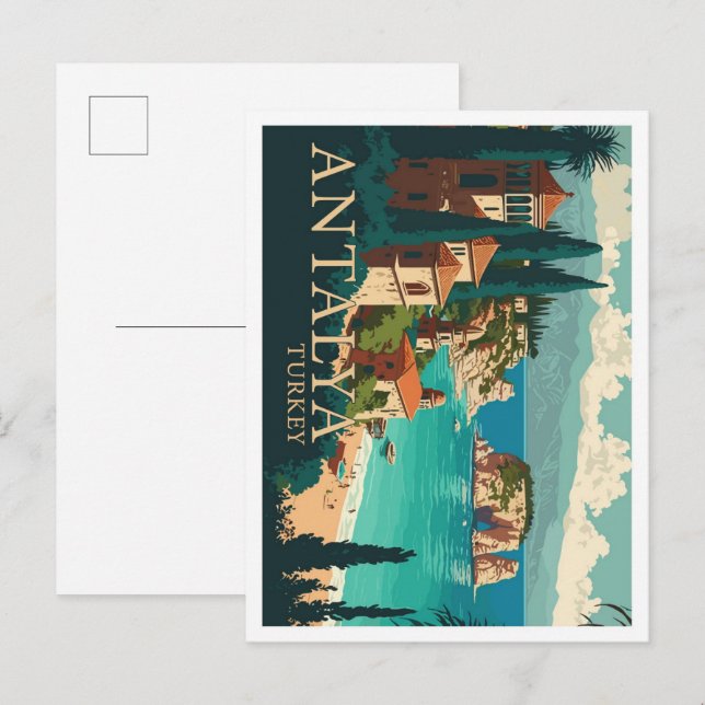 Antalya Turkey Vintage Travel Illustration Postcard (Front/Back)
