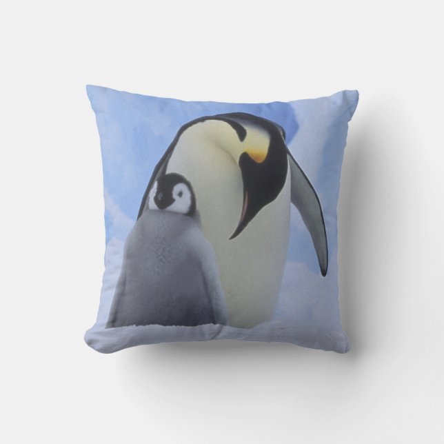 Antarctica. Emperor penguins and chick Throw Pillow (Front)