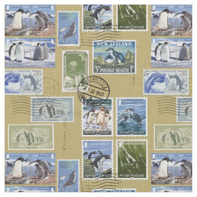 Antarctica - Penguin Postage Stamps Fabric (Close Up)