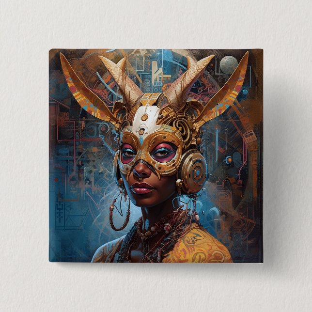Antelope Headdress Science Fiction Cyberpunk 2 Inch Square Button (Front)