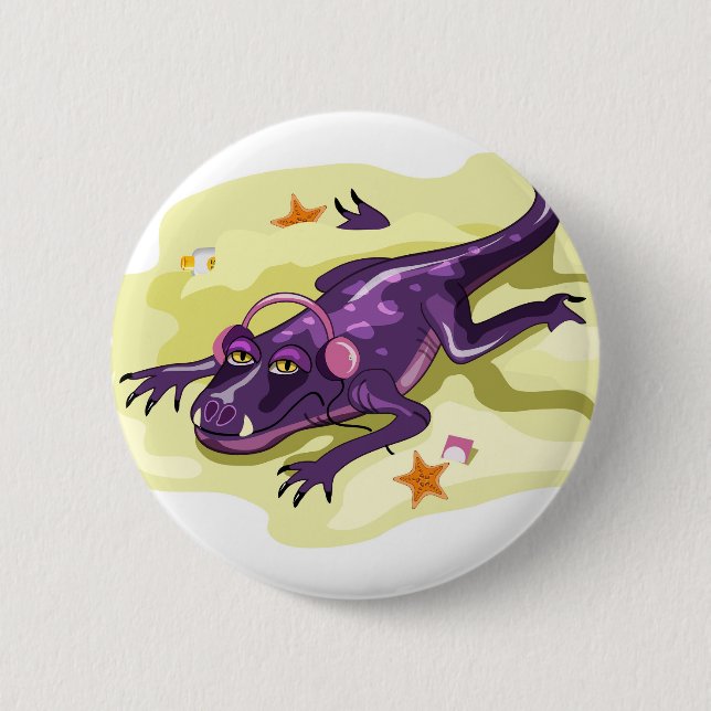 Anteosaurus Sunbathing With Headphones. 2 Inch Round Button (Front)