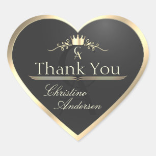 Anthracite and Gold Border Monogram Cute Thank You Heart Sticker