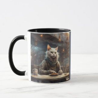 Anthropomorphic cat in dystopian cafe mug