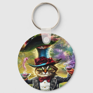  anthropomorphic Cat Mad Hatter Fantasy Fairytale  Keychain