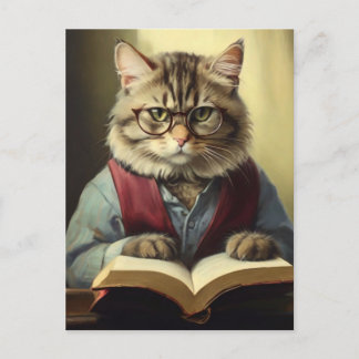anthropomorphic cat reading a book postcard