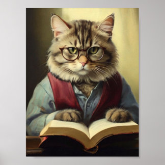 anthropomorphic cat reading a book poster