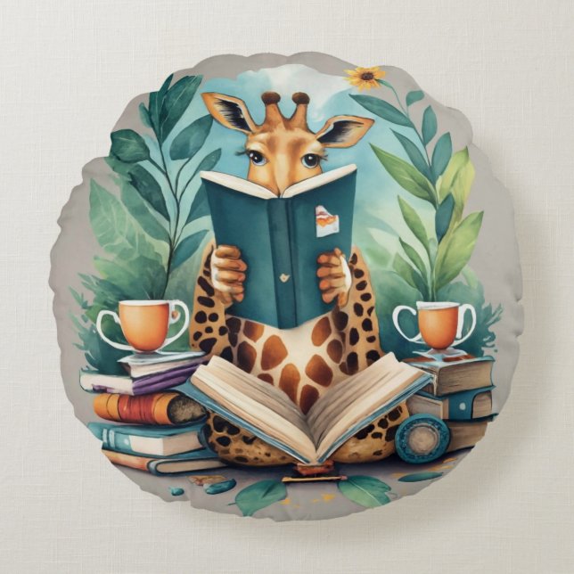 anthropomorphic Giraffe reading a book   Round Pillow (Front)