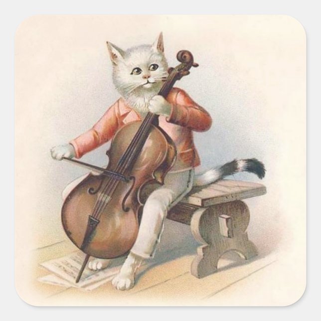 Anthropomorphic White Cat Playing Cello Square Sticker (Front)