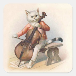 Anthropomorphic White Cat Playing Cello Square Sticker