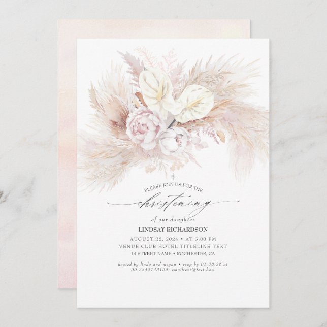 Anthurium and Pampas Grass Floral Christening Invitation (Front/Back)