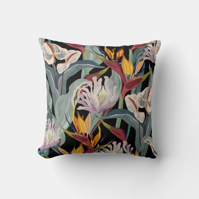 Anthurium and strelitzia seamless vintage pattern. throw pillow (Front)