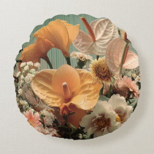 Anthurium and Tropical Floral Arrangement Round Pillow