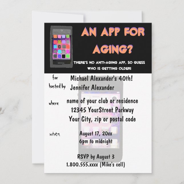 Anti Aging Phone App Birthday Invitation (Front)