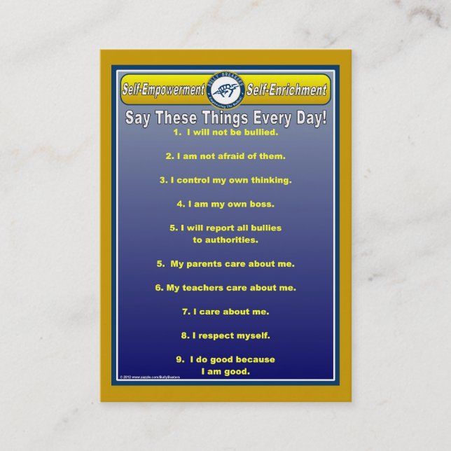 Anti-Bully Daily Affirmations Handy Wallet Card (Front)